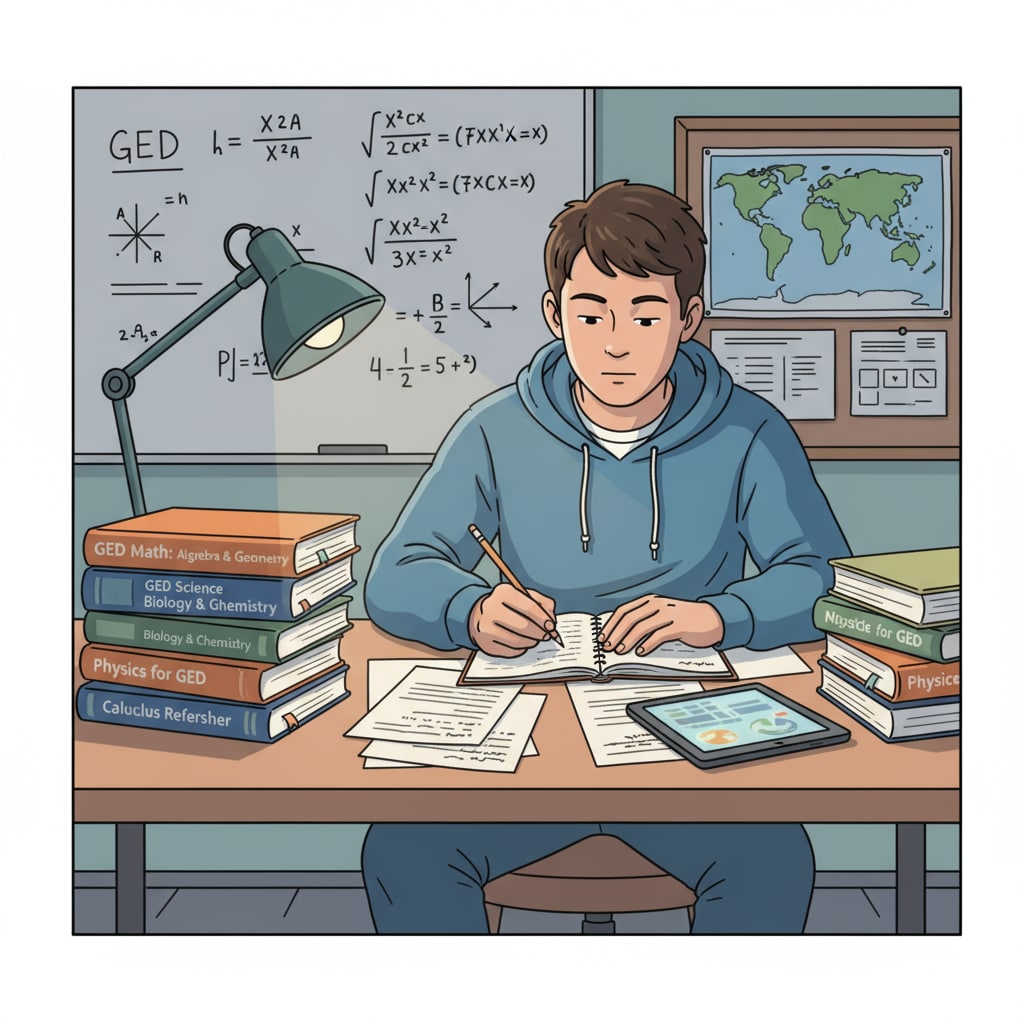 A student is sitting at a desk, surrounded by GED math and science textbooks, looking engaged in their study. Student with GED math and science textbooks