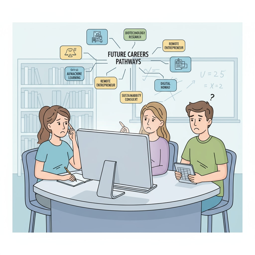 Students are sitting in front of a computer, looking at various career options on the screen. Their faces show expressions of confusion and concern as they try to make sense of the different choices available in the uncertain job market. Students facing employment concerns while looking at career options on a computer