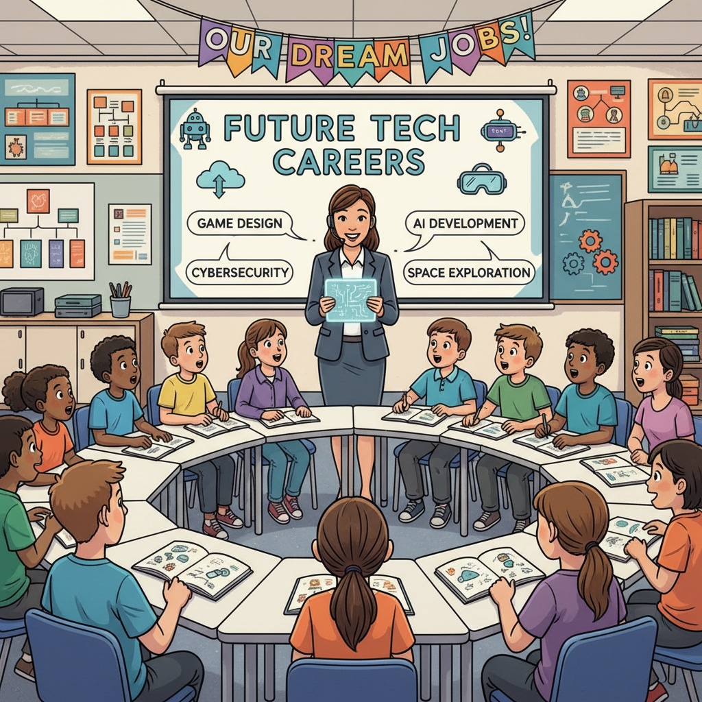 A group of students are gathered in a classroom, listening intently to a guest speaker from a technology company. The students' eyes are wide with interest as they learn about the exciting career opportunities in the tech field, which is related to their exploration of dream jobs. Students showing interest in a guest speaker's talk about a potential dream job