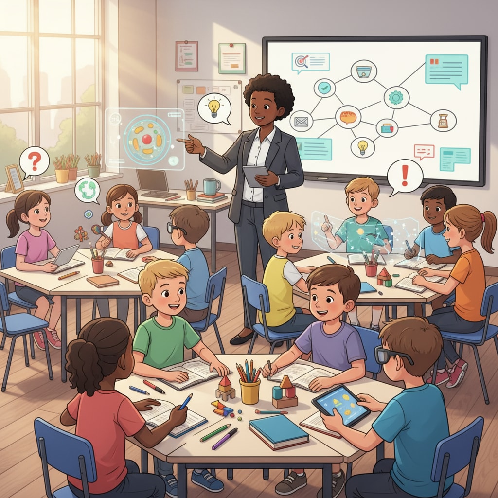 A group of K12 students actively participating in an innovative classroom activity. They are engaged in discussions, using various learning materials, showing high levels of enthusiasm. K12 students engaged in an innovative classroom activity demonstrating teacher interviews, innovative courses, and student engagement