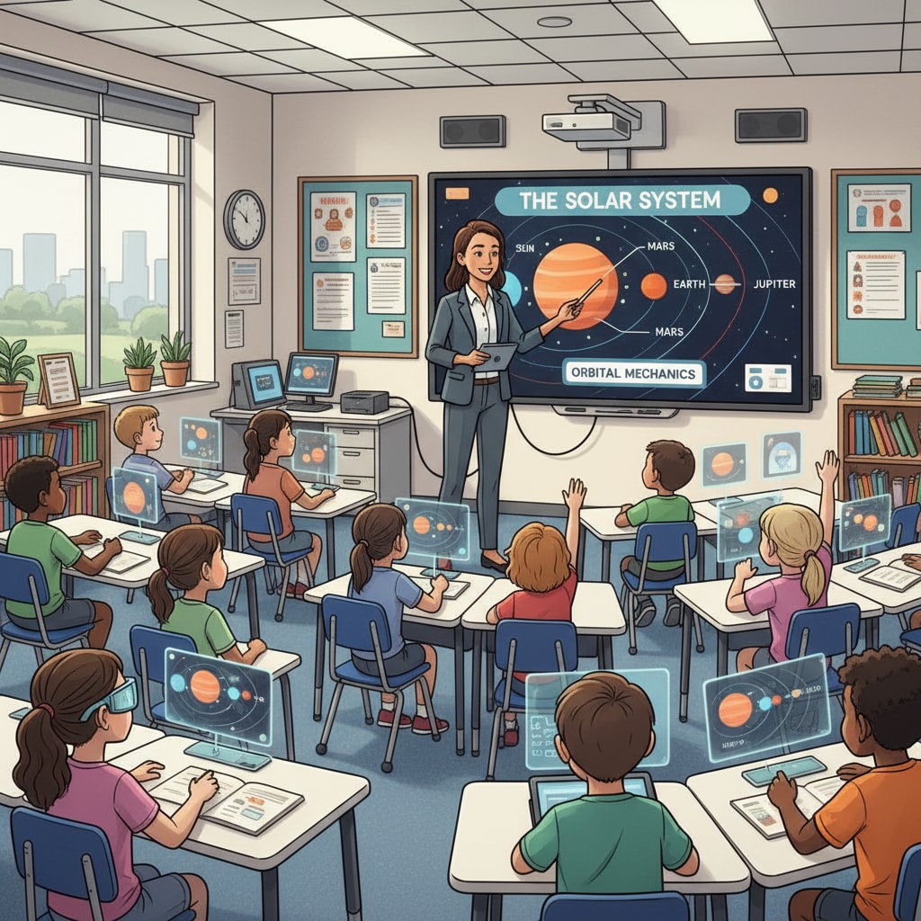 A teacher using an interactive whiteboard to teach a K12 class. The teacher is pointing at the board while students are attentively watching, indicating an innovative teaching method. A teacher using an interactive whiteboard in a K12 class to show teacher interviews, innovative courses, and student engagement