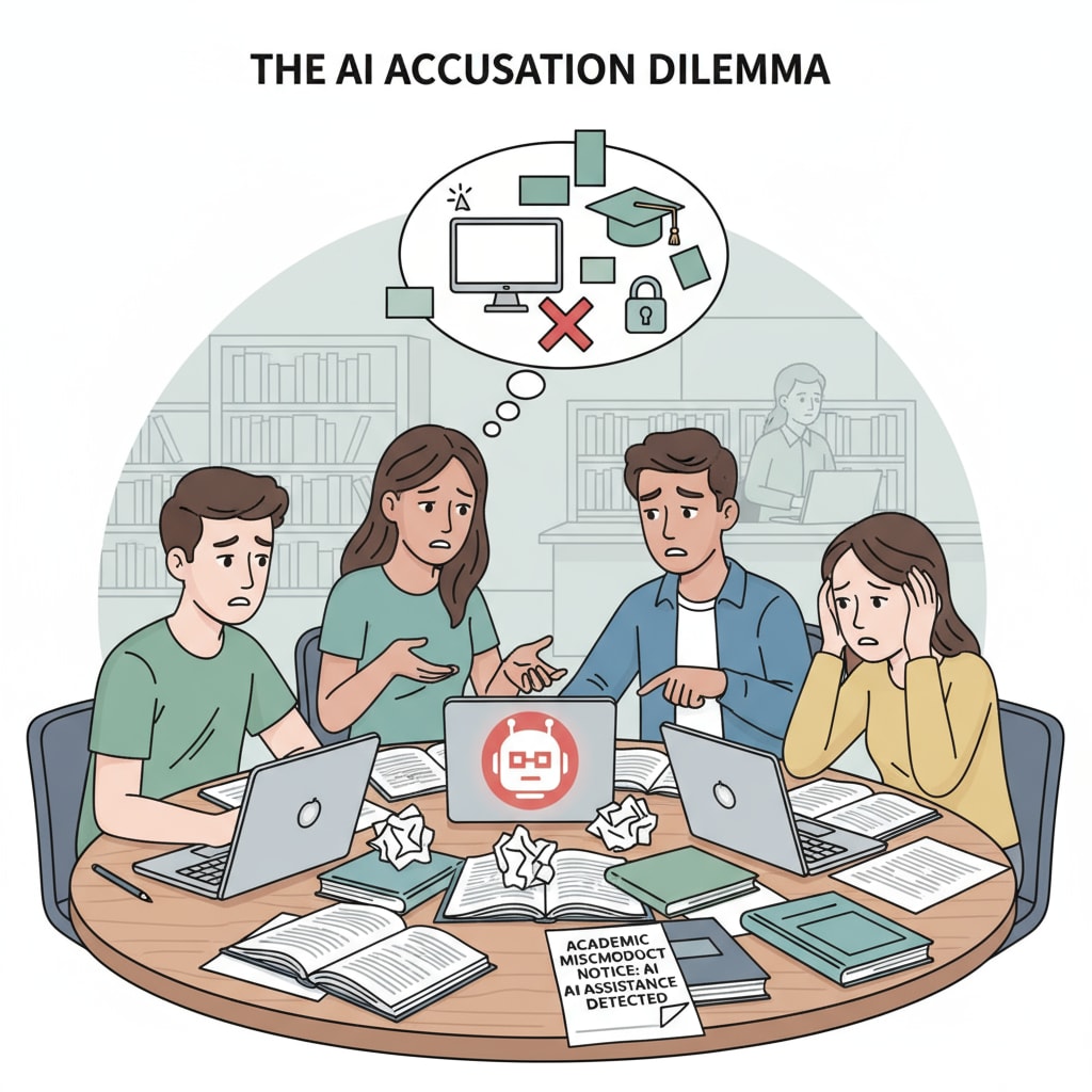 A group of students are sitting around a table, with worried expressions, discussing the problem of being wrongly accused of using AI in their university assignments. Students discussing false AI accusations in a university environment