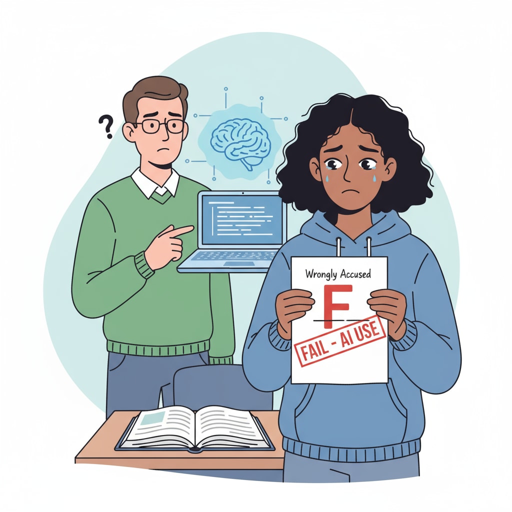 A simple drawing showing a student with a sad face, holding a paper with a failing grade, because of being falsely accused of using AI. Student distressed due to false AI accusation