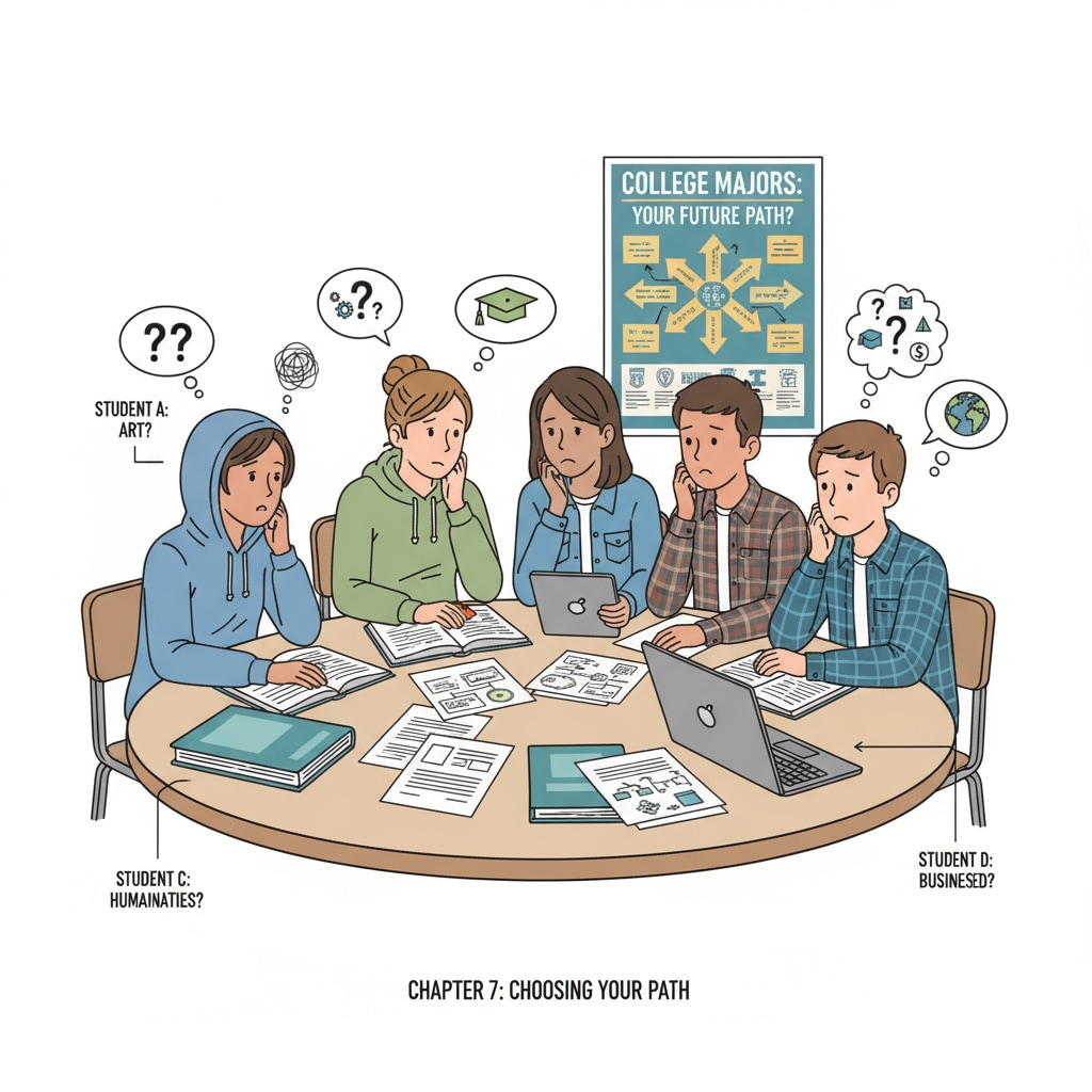 A group of high school students are engaged in a discussion about choosing college majors, with confused expressions on their faces. High school students facing the dilemma of major selection