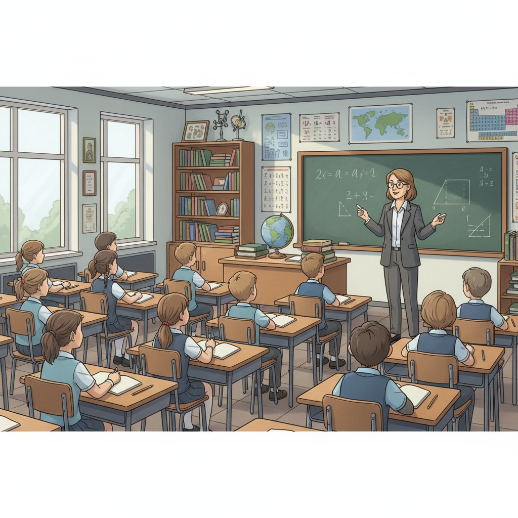 A classroom scene shows students sitting at their desks, listening to a teacher delivering a traditional academic lesson, with no signs of career-related content. K12 classroom lacking career planning education