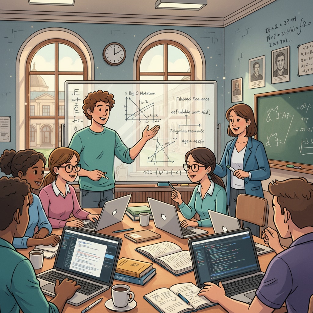 Students are engaged in a lively discussion about math and programming concepts in a European university classroom, with books and laptops open on their desks. University students discussing math and programming during European study