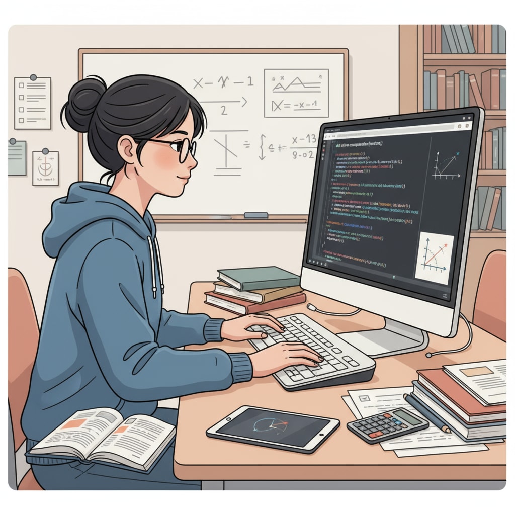 A student is sitting at a desk, concentrating on solving a computational math problem using a programming language on a computer screen. Student working on computational math with programming during European study