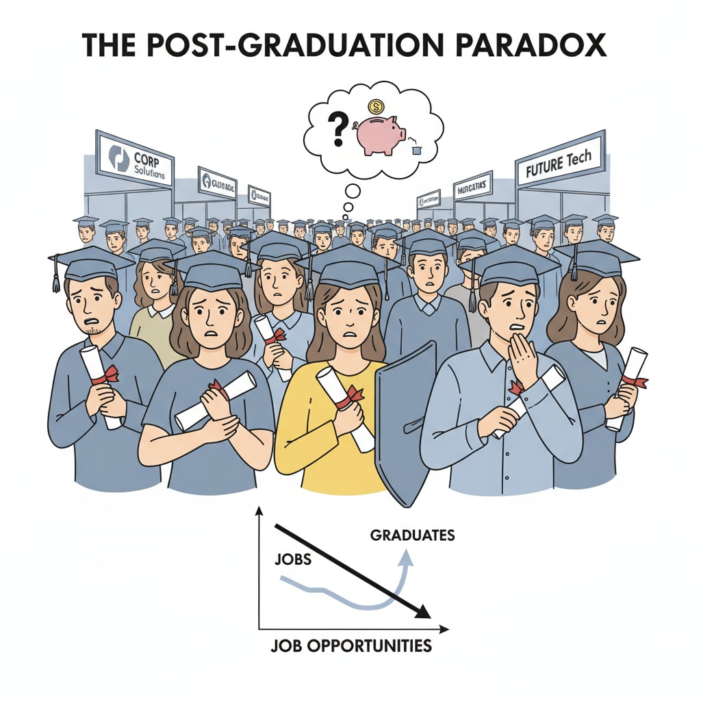 A group of graduates looking worried while holding their degree certificates at a job fair, showing the pressure they face in the job market. Graduates with degrees facing challenges in the job market