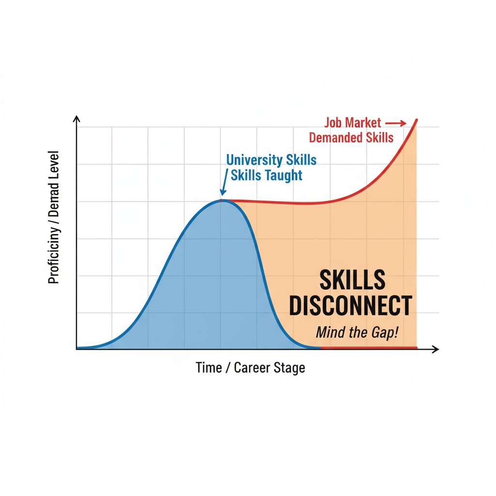 A graph showing the difference between skills learned in university and skills demanded in the job market, highlighting the disconnect. Graph depicting the gap between university-learned skills and job market requirements