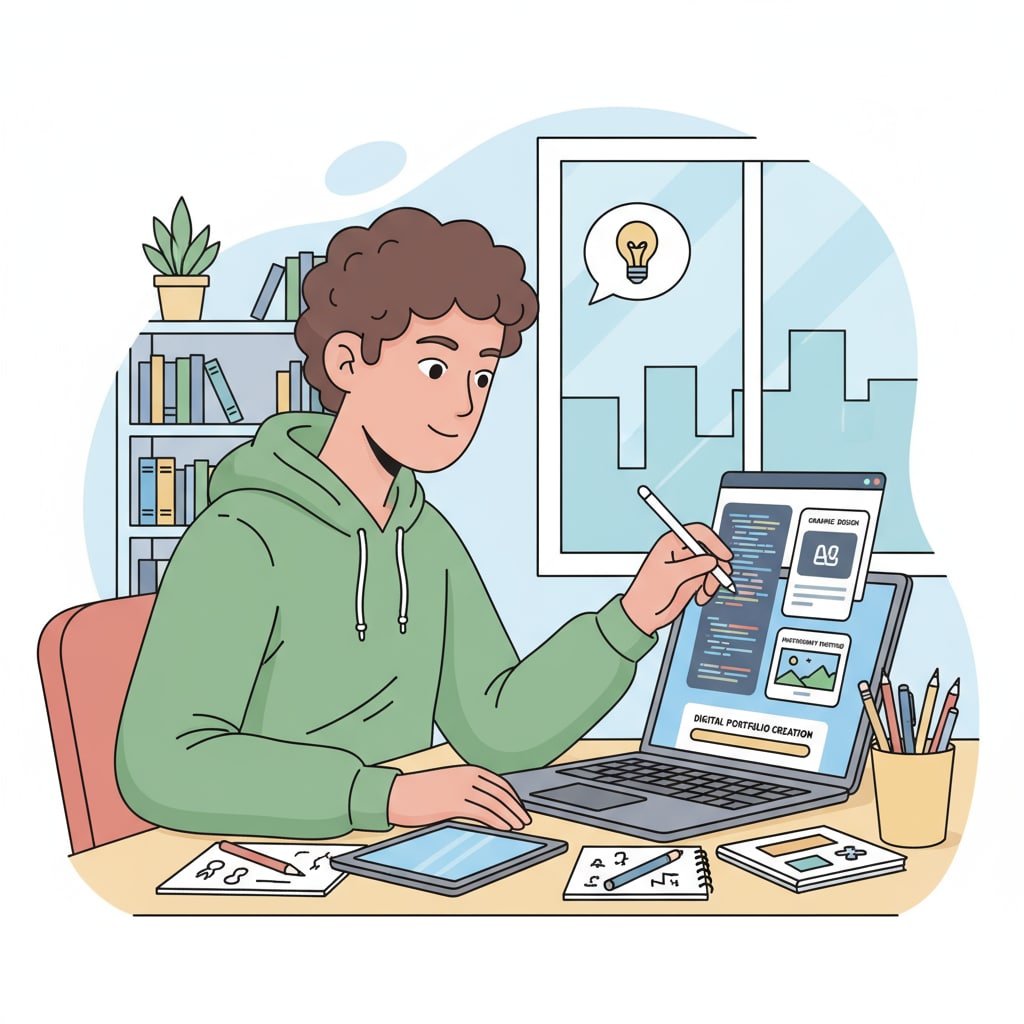 A student is concentrating on building a digital portfolio, with a laptop showing various project files open. A K12 student building a digital portfolio for university applications and scholarship enhancement