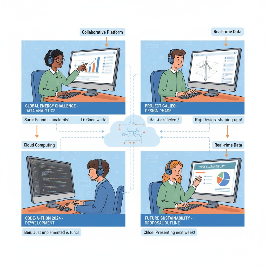 A group of students are collaborating remotely on an online competition project, with their screens showing relevant data and discussions. K12 students collaborating on an online competition for better university application and scholarship chances