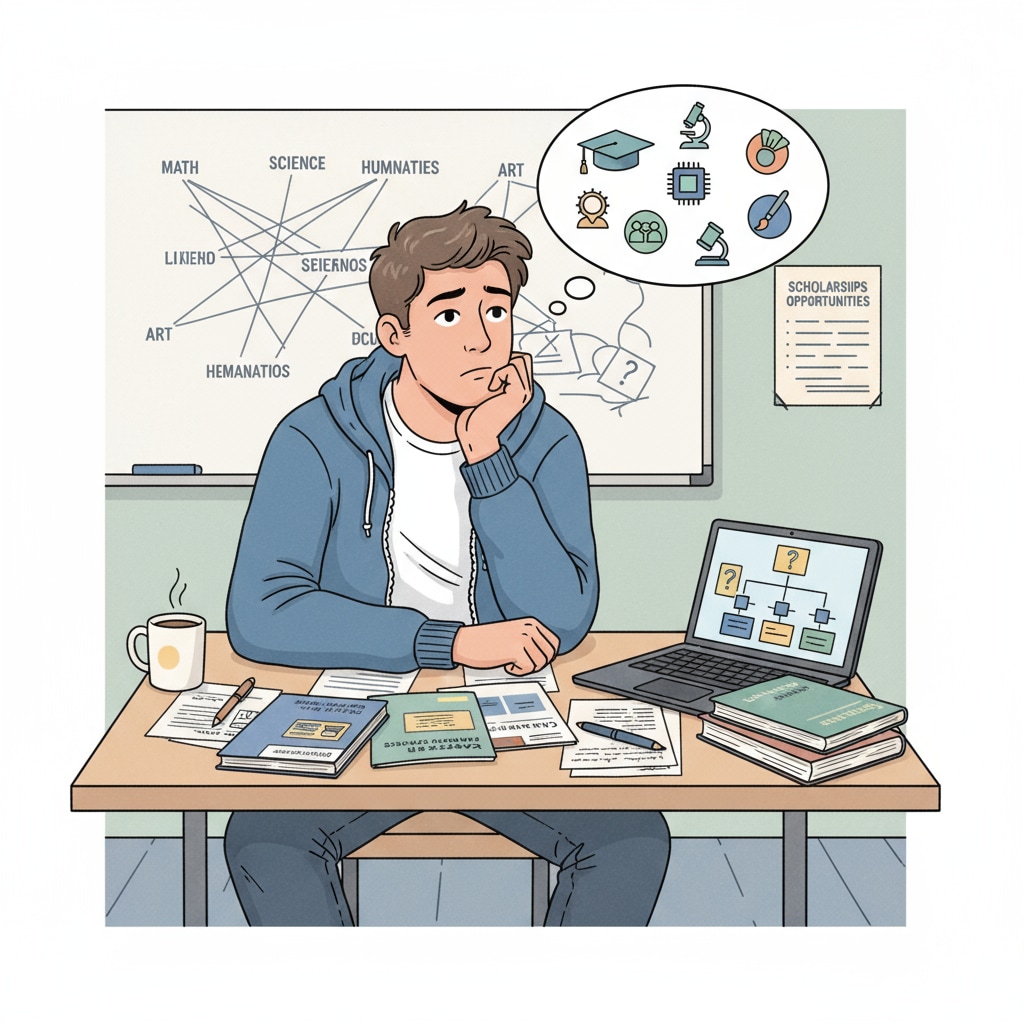 A 17-year-old student sitting at a desk, looking pensive about his educational choices. A 17-year-old student considering his A-Level courses, computer science, and educational choices.