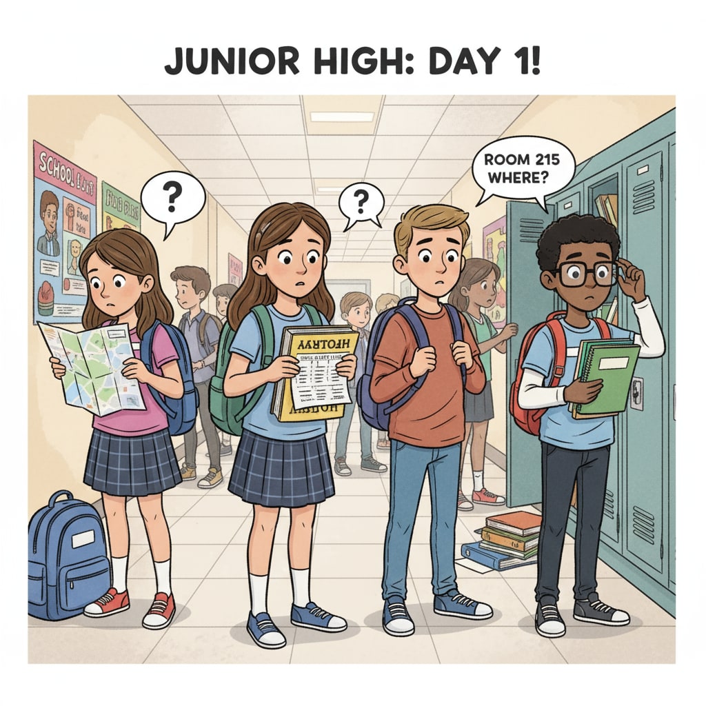 A group of students looking a bit overwhelmed on their first day of junior high school. Students facing challenges during school transition from elementary to junior high.