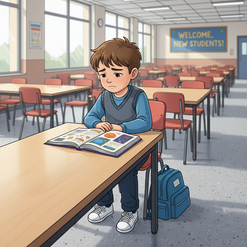 A student sitting alone in a new school cafeteria, looking a bit sad. A student experiencing social and emotional challenges during school transition.