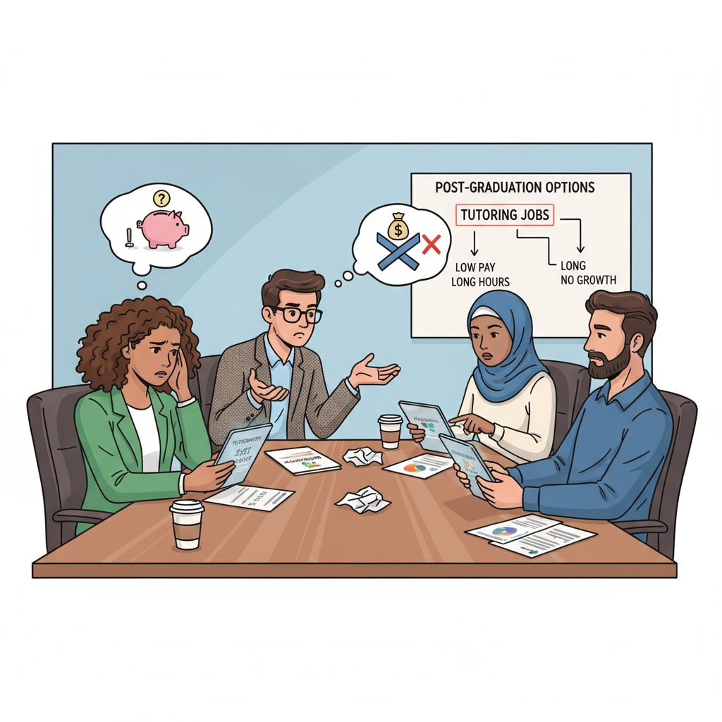 A group of university graduates are sitting around a table, having a serious discussion about the job offers they received from tutoring companies. Some look disappointed while others seem frustrated. University graduates discussing low pay job offers from Australian tutoring companies