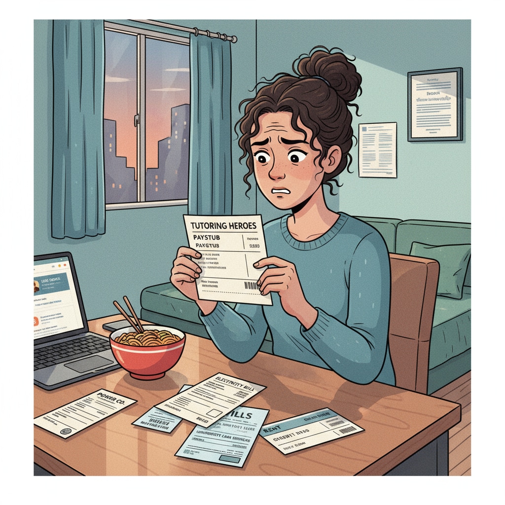 A young university graduate is sitting at a desk, looking at a payslip from a tutoring company with a worried expression. There are bills and other financial documents scattered around. A university graduate worried about low pay from an Australian tutoring company