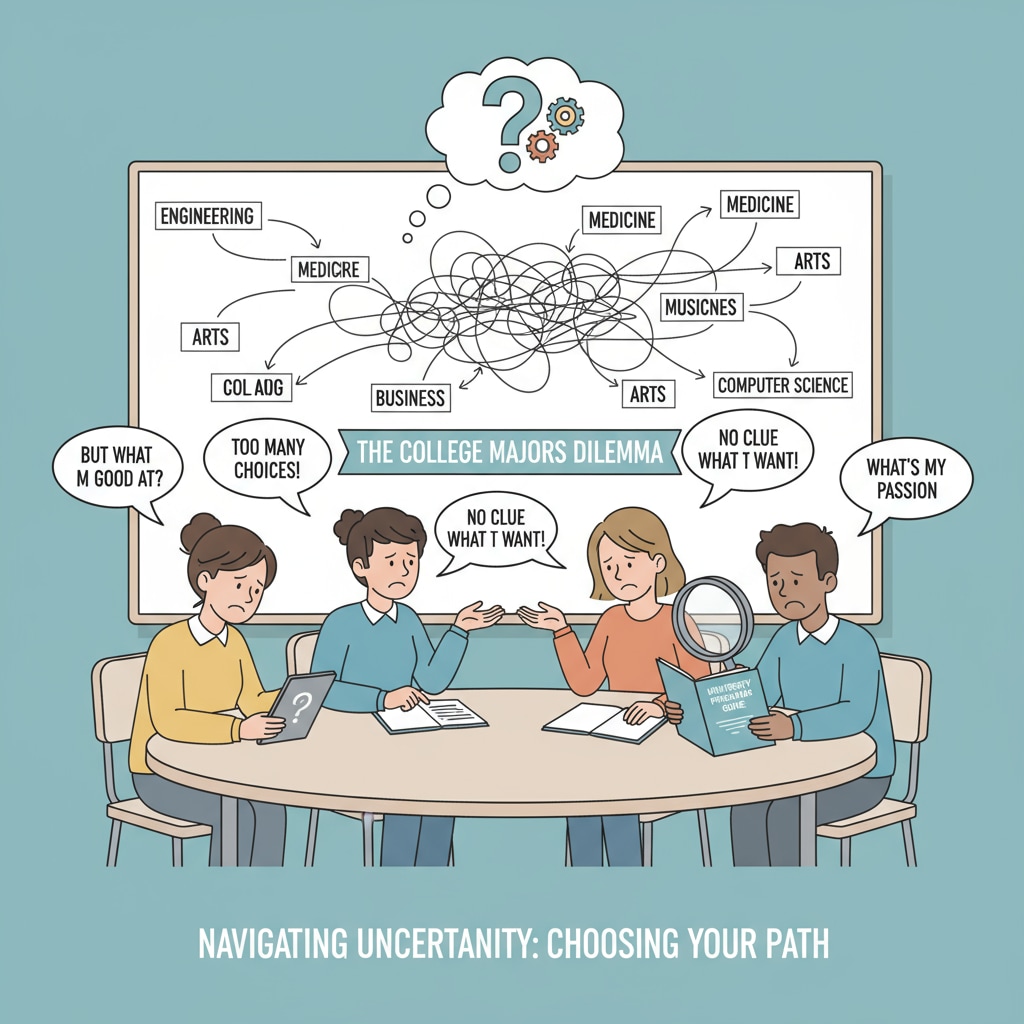 A group of students are in a classroom, looking perplexed as they talk about choosing college majors. This reflects the confusion students face when selecting a major without clear interests. Students discussing college major choices in a state of confusion related to university selection, lack of interests, and geography major