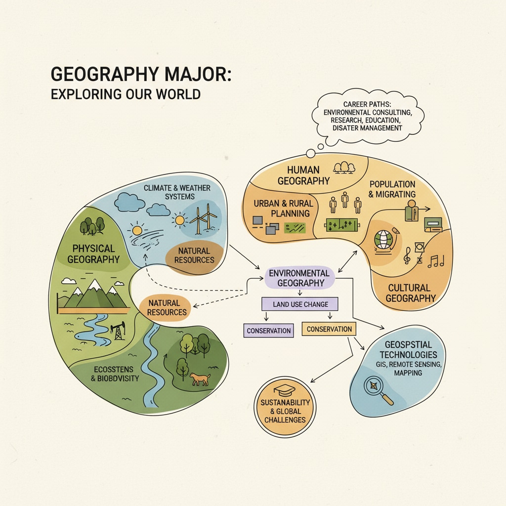 A map depicts different geographical areas and environmental characteristics. It shows the relationship between geography and environmental aspects relevant to the discussion of choosing a geography major. Map of geographical regions and environmental features related to university selection, lack of interests, and geography major