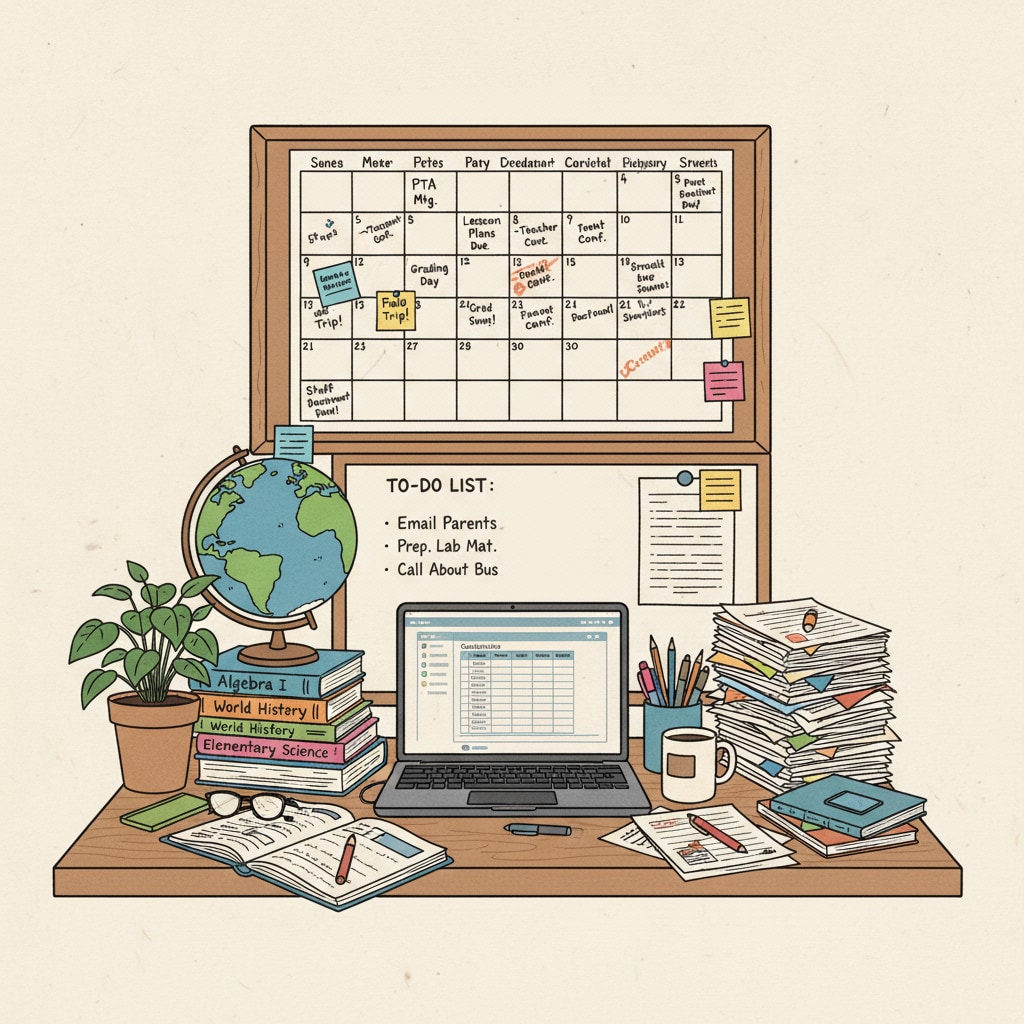 A K12 teacher is depicted sitting at a desk, surrounded by textbooks and papers. There is a calendar on the wall with a busy schedule marked, highlighting the multiple tasks they need to handle. K12 teacher managing work, study, and family tasks with a busy schedule