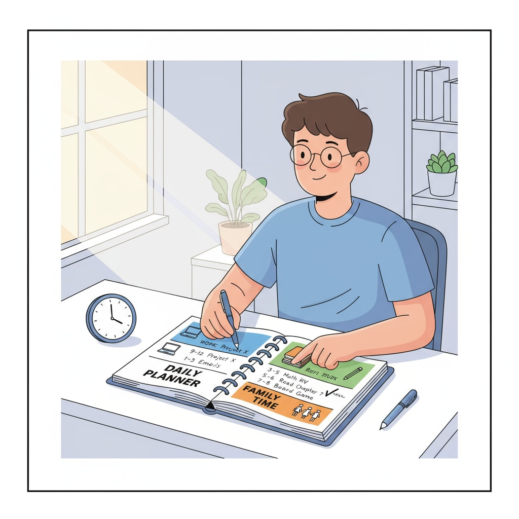 A person is shown using a planner to schedule their day. The planner has different sections clearly marked for work, study, and family time, demonstrating effective time management. Person using a planner for work, study, and family time management