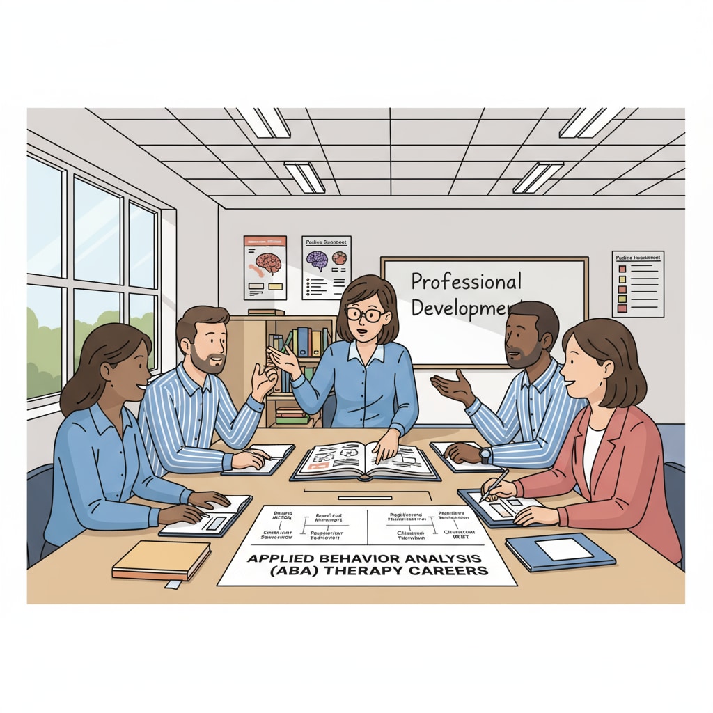 A group of teachers is engaged in a discussion about their career options. Among the options being considered is the possibility of becoming ABA therapists. The teachers are looking at materials related to ABA therapy, indicating their interest in the field. Teachers discussing career transition to ABA therapy