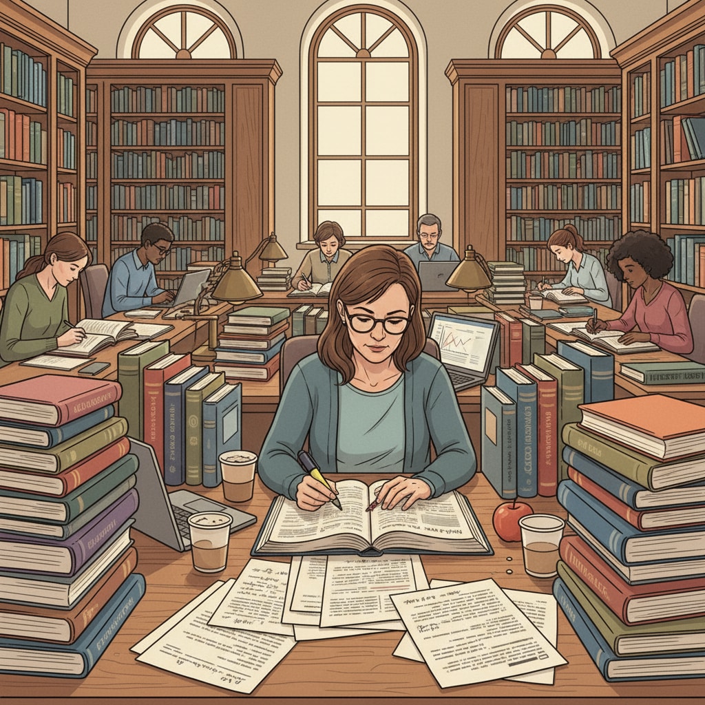 An adult student is sitting in a university library, surrounded by books and papers, concentrating on their study materials. This represents the dedication of adult learners in their pursuit of education. An adult student focusing on study during academic observation period for physics degree in adult education