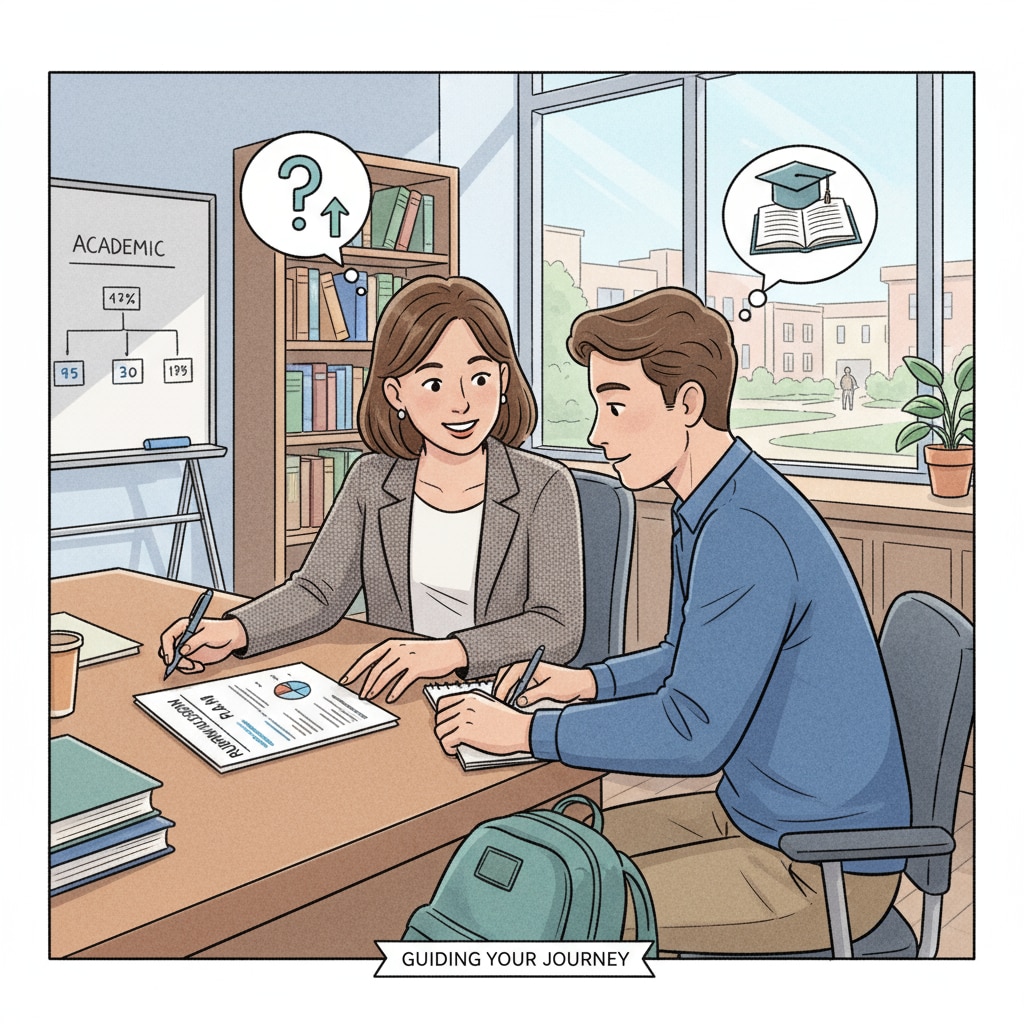 A student and an academic advisor are engaged in a conversation in an office. The advisor is pointing at some documents, and the student is listening intently, which shows the importance of academic guidance during the return to university process. A student getting advice from an academic advisor for physics degree completion in adult education