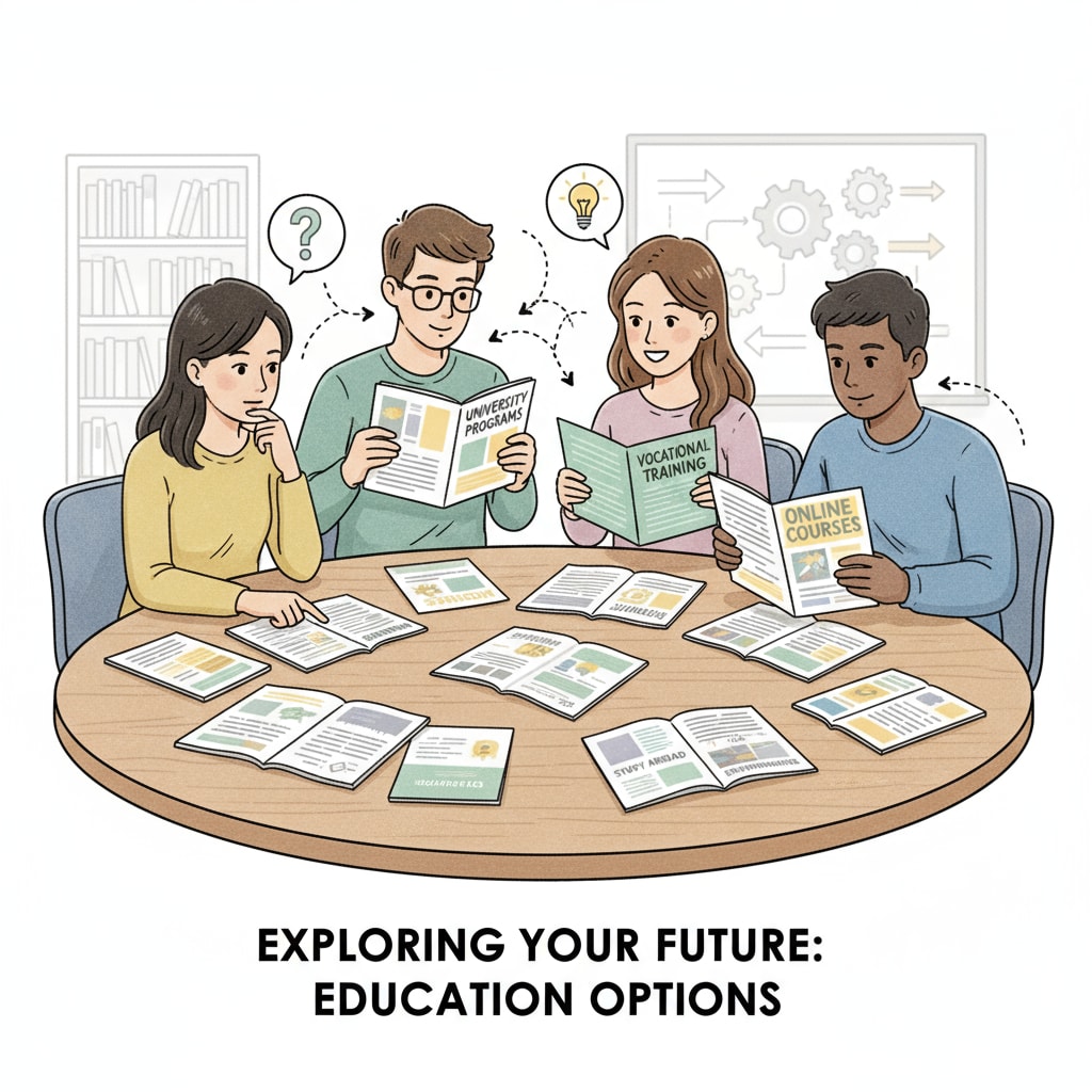 A group of young people are sitting around a table, looking at educational brochures, showing their interest in different education options. Young dropouts exploring education choices through brochures