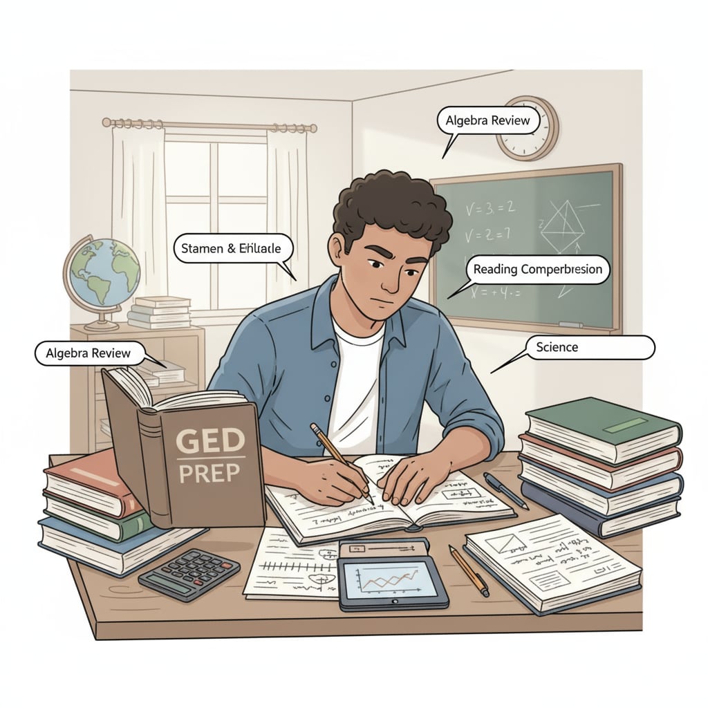 A student is sitting at a desk, surrounded by study materials, focusing on preparing for the GED exam. A dropout student studying for the GED exam