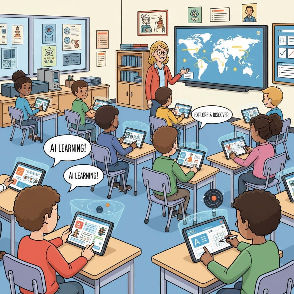 AI devices being used by students in a K12 classroom, highlighting the issue of AI policies, academic integrity, and fairness.
