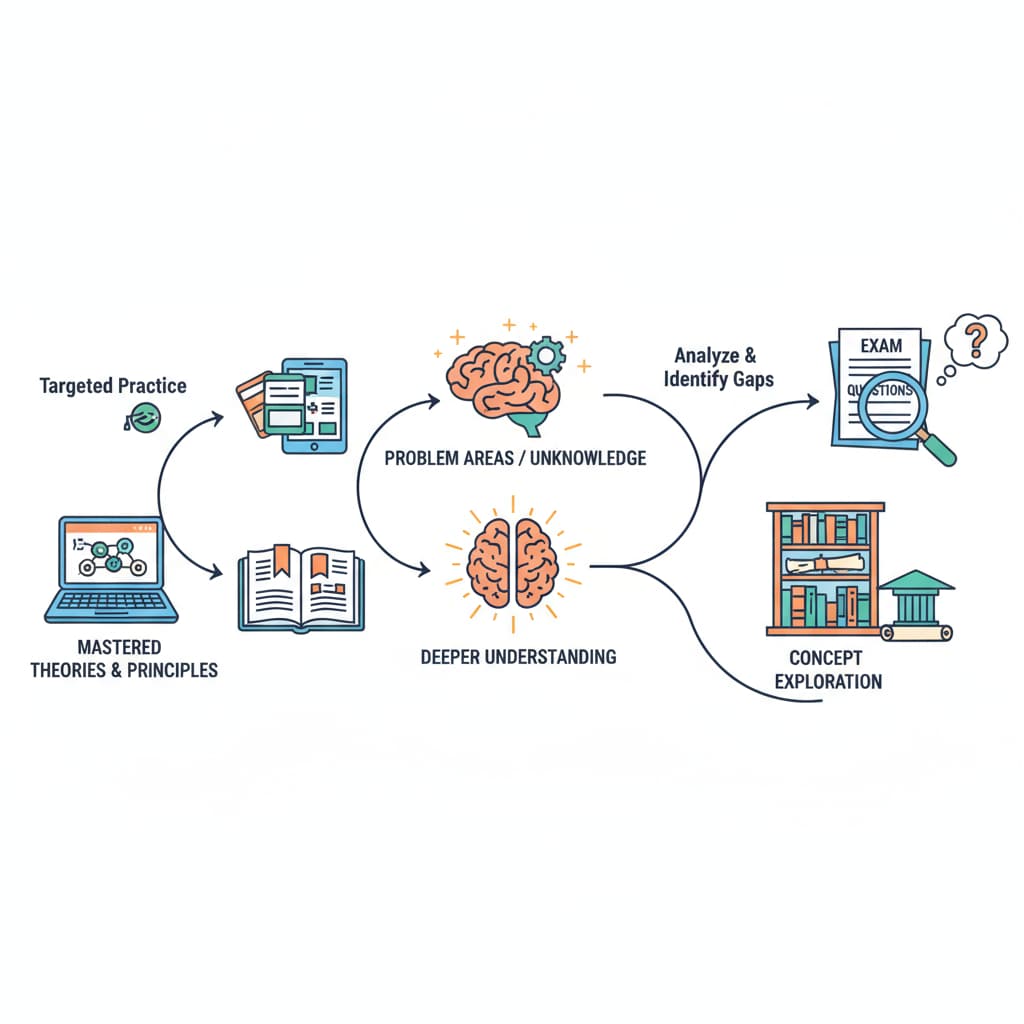 An illustration depicting the process of reverse learning, starting from exam questions and gradually leading to the understanding of theories. Reverse learning process for students with attention deficits in theoretical learning