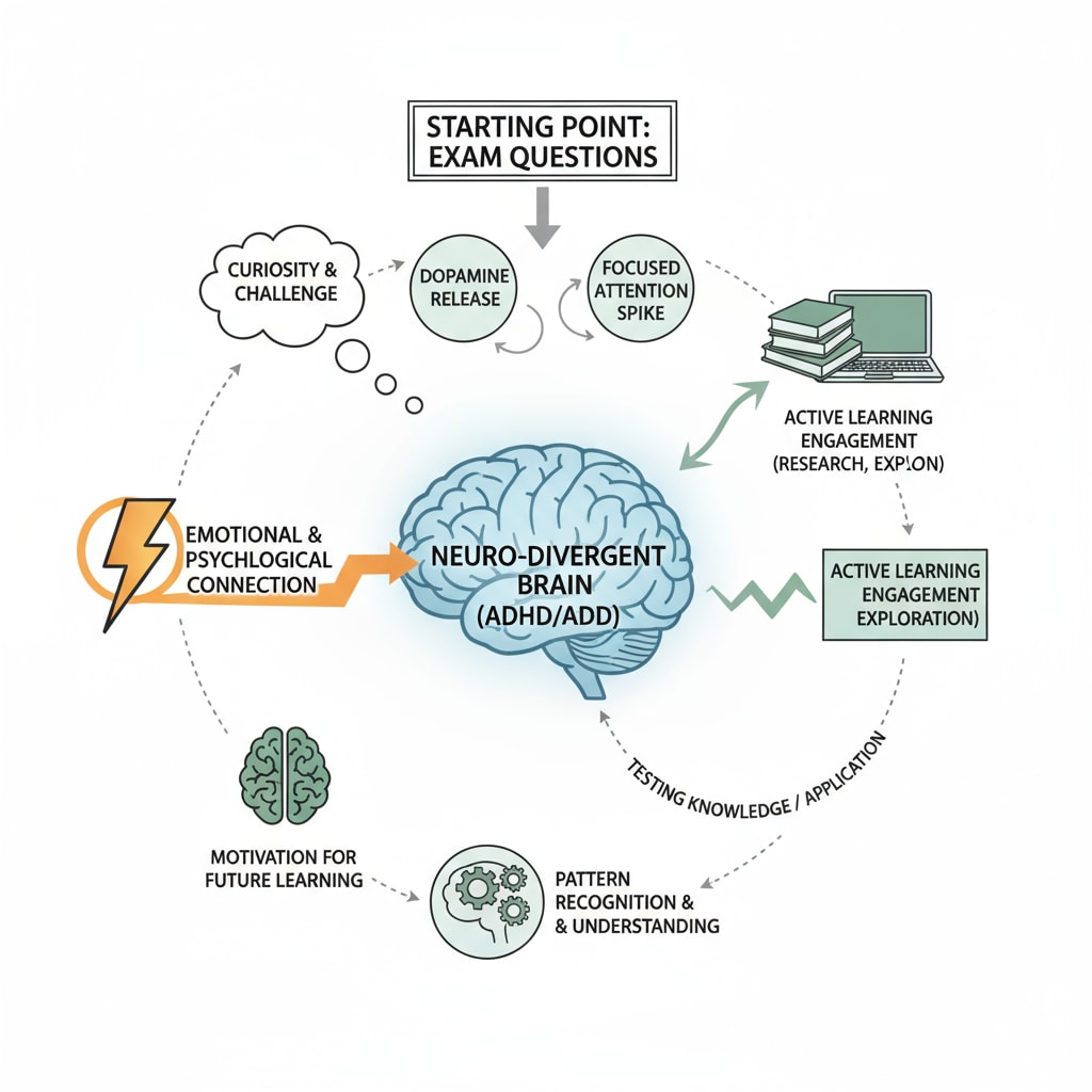 A diagram showing how starting from exam questions can trigger the learning process in students with attention deficits, highlighting the psychological connection. Psychological mechanism of reverse learning for attention deficit students in theoretical subjects