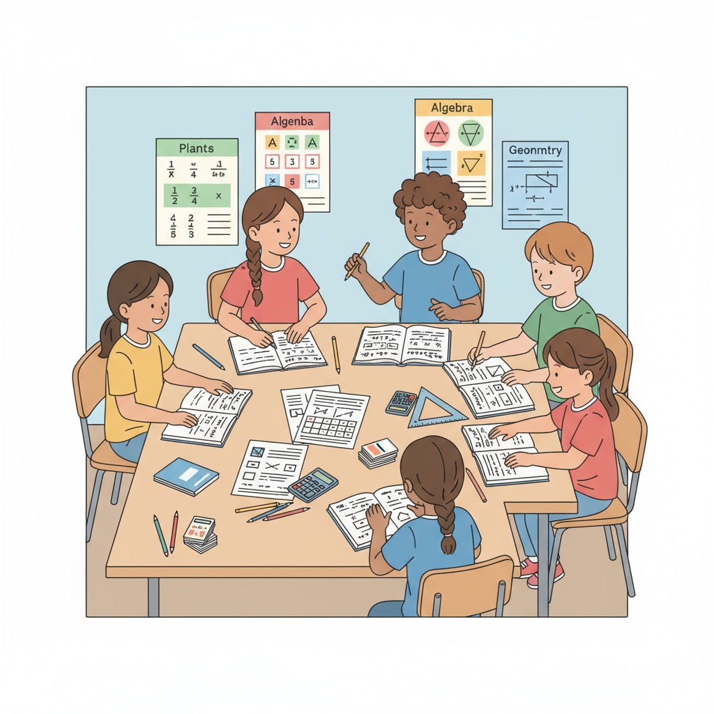 A group of 9-year-old children are sitting around a table, looking at math books and worksheets, engaged in learning activities. 9-year-old children studying math with learning materials related to children's math learning programs for those with difficulties
