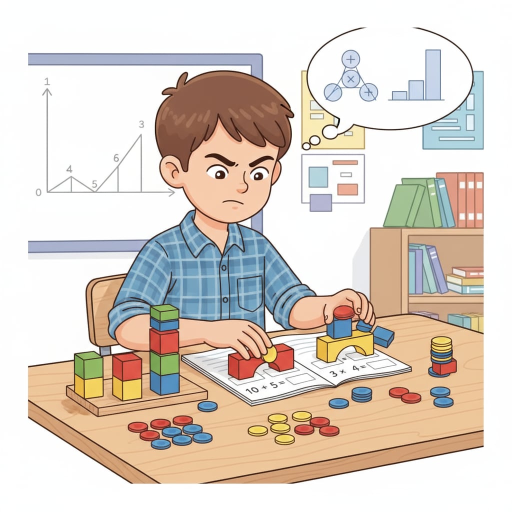 A single 9-year-old child is using blocks and counters to understand math concepts, with a focused expression on their face. 9-year-old child using manipulatives to learn math in the context of children's math learning programs for those facing difficulties