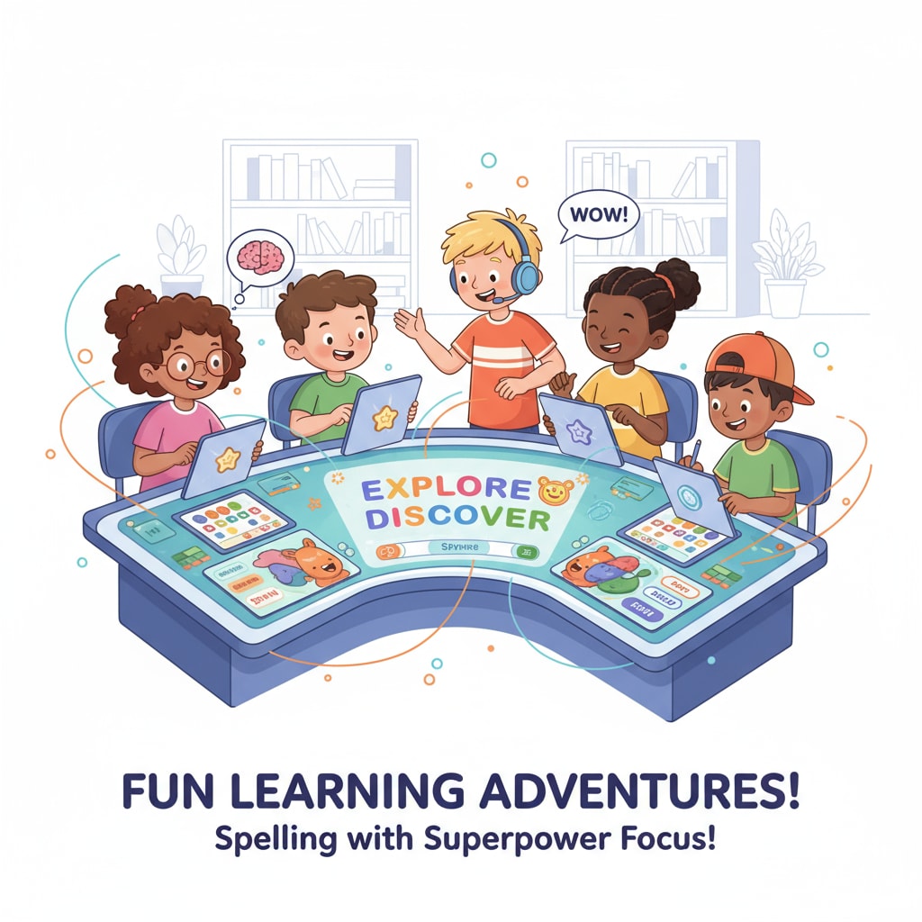 A group of children with ADHD are gathered around digital devices, eagerly participating in spelling learning activities. ADHD children using digital tools for spelling learning