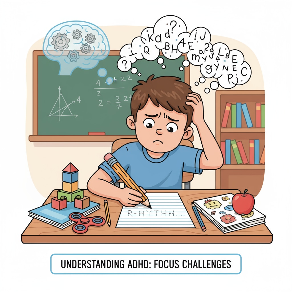 A young child with ADHD is sitting at a desk, looking frustrated as they attempt to spell a difficult word on a piece of paper. A child with ADHD struggling with spelling