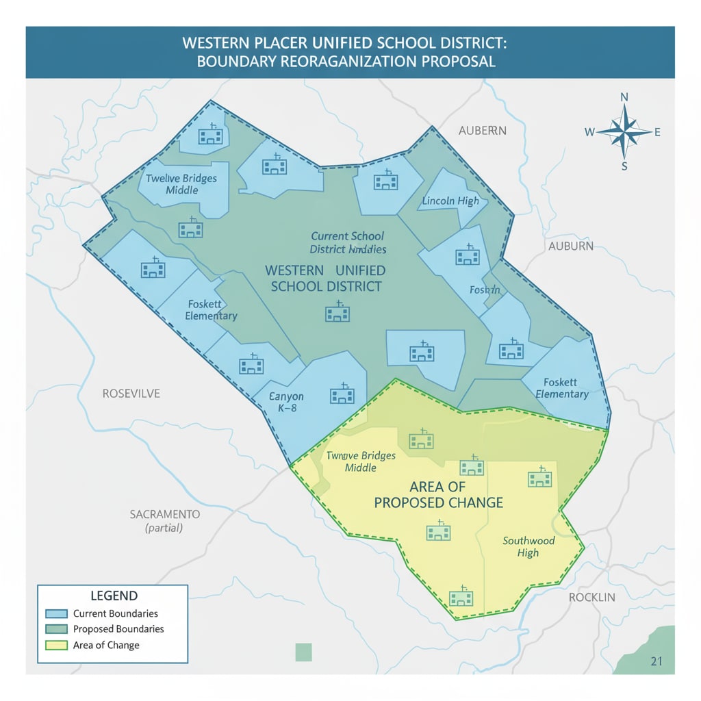 Map showing school district boundary changes in Western Placer Unified School District related to boundary redrawing, petitions, and planning issues