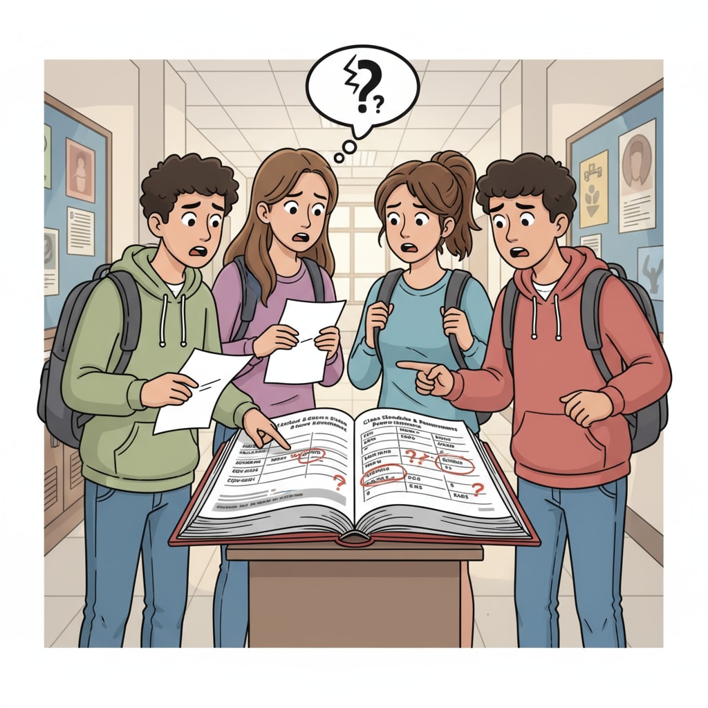 A group of students looking at a school directory with concerned expressions, indicating potential issues with the information in it. Students showing concern while looking at a school directory related to family privacy and children's embarrassment