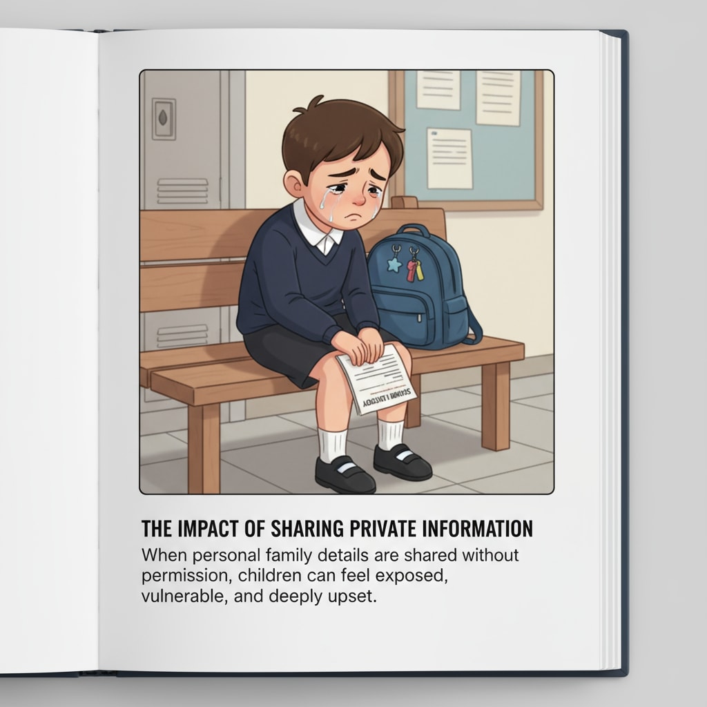 A child sitting alone, looking sad, after learning private family info was in the school directory, highlighting the negative impact on the child. A sad child affected by the disclosure of family privacy in the school directory