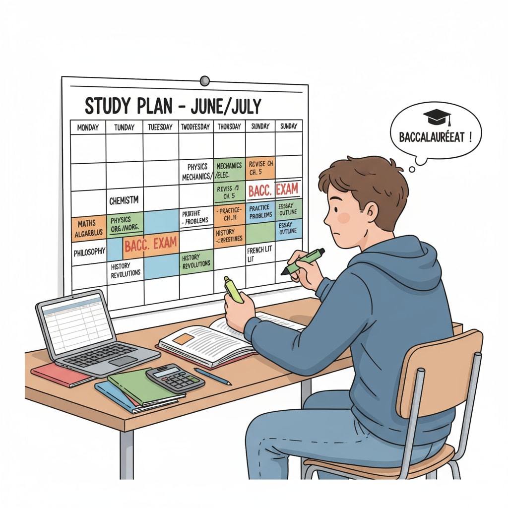 High school student planning Baccalauréat study schedule