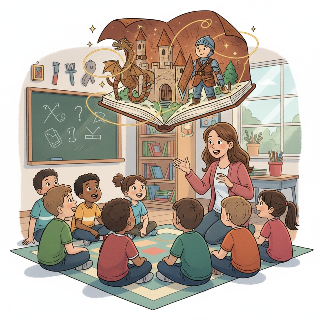 A group of children are sitting in a classroom, their eyes wide with excitement as they listen to a teacher tell a leather-themed fairy tale. Children listening to a leather and fairy tale combination story