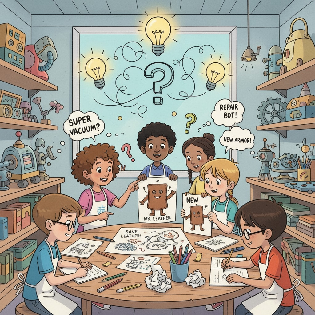 In a colorful workshop, children are gathered around a table, brainstorming ideas on how to save Mr. Leather. There are drawings and notes scattered on the table. Children in a workshop coming up with ideas to save Mr. Leather in a leather-related fairy tale