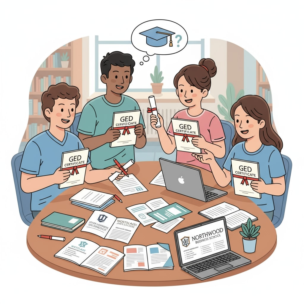 A group of students with GED certificates are sitting around a table, discussing their options for applying to four-year universities. They have papers and brochures in front of them, showing different university logos and admission requirements. GED certificate holders discussing four-year university options
