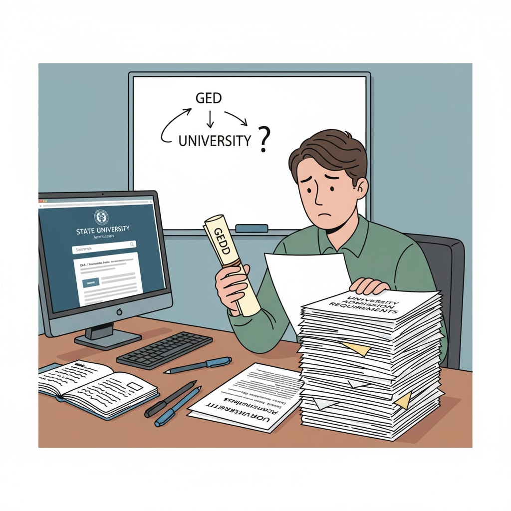A single GED holder is sitting at a desk, looking worried as they read through a stack of papers with university admission requirements written on them. There are pens and notebooks nearby, and a computer screen shows a university website. GED holder worried about four-year university admission requirements