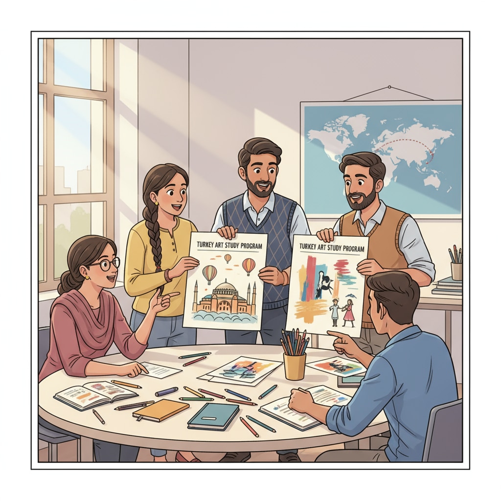 A group of Indian artists is having a discussion, with some showing sketches related to their plans to study art in Turkey. They seem excited and engaged in sharing their ideas. Indian artists discussing their Turkish study abroad plans related to art education and English teaching programs