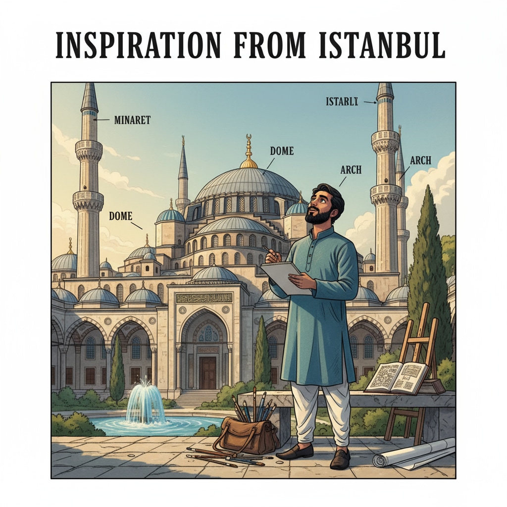 An Indian artist is standing in front of a magnificent Turkish building, looking up in awe and taking notes. The architecture is clearly inspiring the artist. Indian artist being inspired by Turkish architecture while considering study abroad and English teaching programs