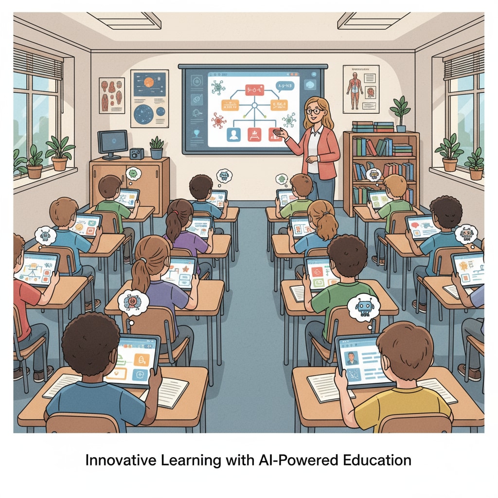 Students are actively participating in a classroom activity where they are using an AI - based educational software on their tablets. Students engaged with AI courses in a K12 classroom setting