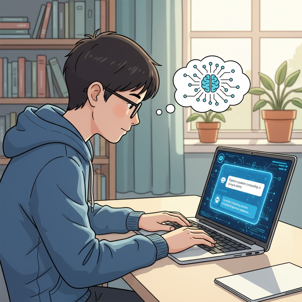 A young student is concentrating while typing a prompt on a laptop screen, with an AI language model interface visible. Student writing a prompt for an AI language model like ChatGPT