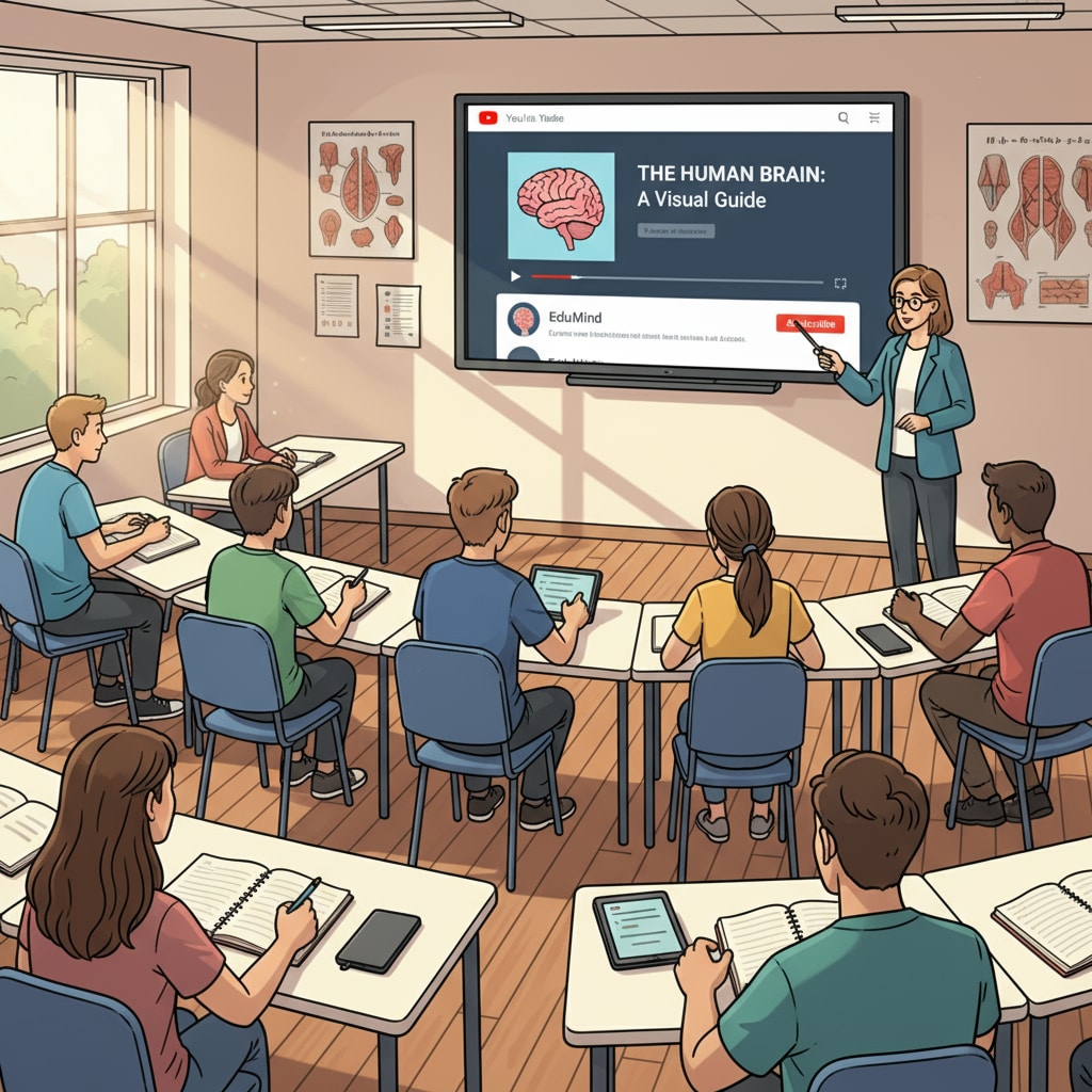 A group of students are sitting in a classroom-like setting, watching educational videos on a large screen connected to YouTube. They are all looking focused and engaged, with some taking notes. Students engaged in online learning with YouTube teachers for subject teaching