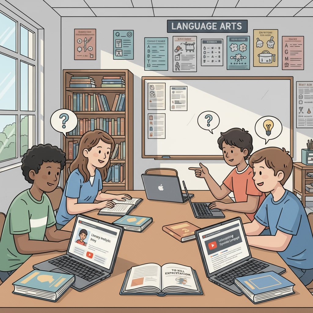 A group of students are gathered around a table, discussing a piece of literature. There are open books and laptops with YouTube educational content related to language arts on display. Students using YouTube resources for language arts subject teaching and online learning